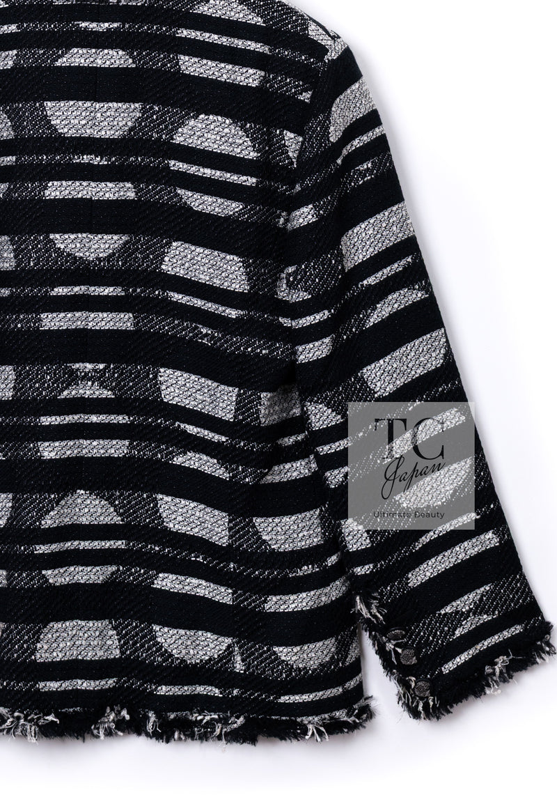 CHANEL 08S Black Gray Striped Cottn Tweed Jacket 42 シャネル ブラック グレー ボーダー コットン ツイード ジャケット 即発