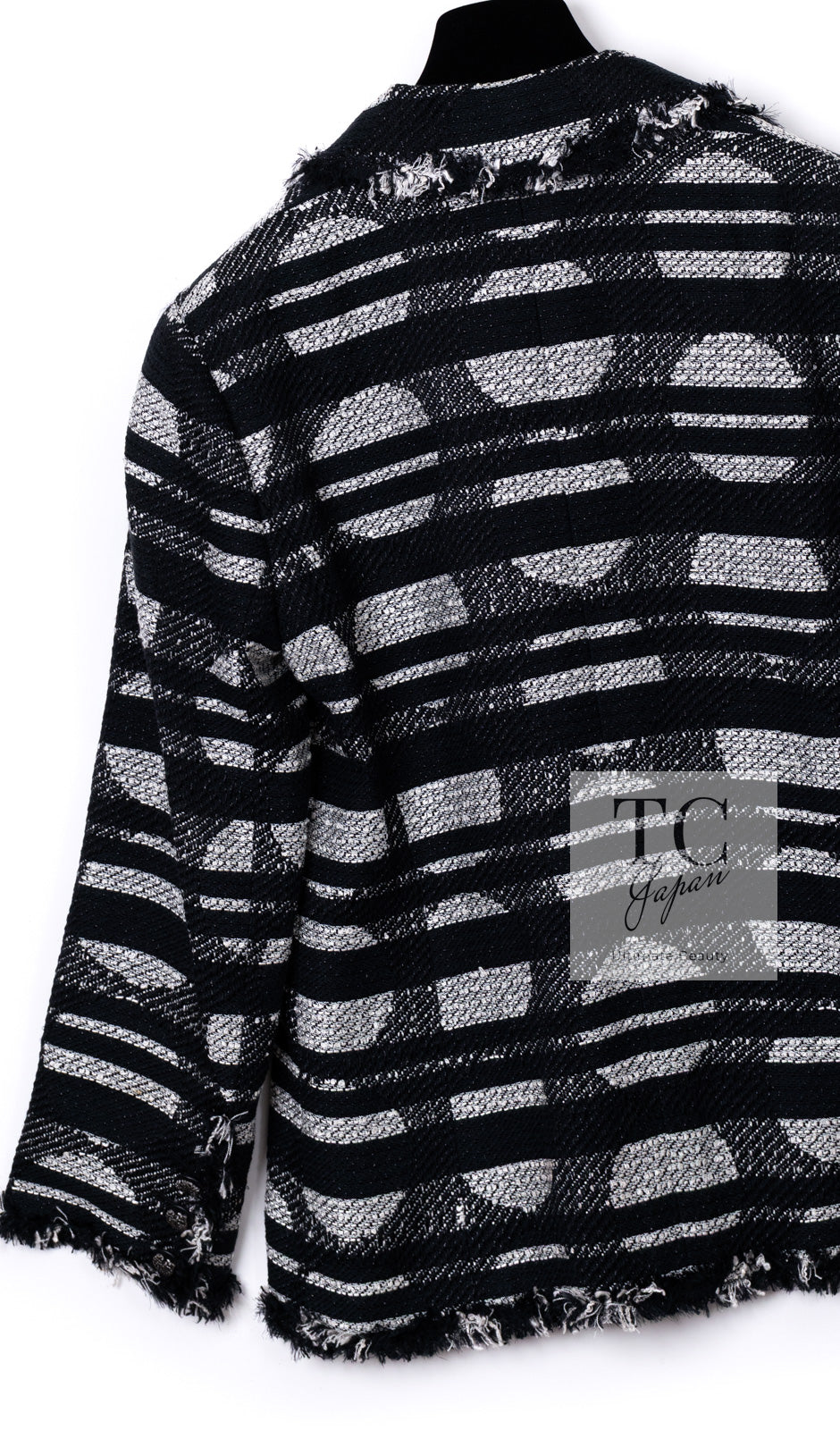 CHANEL 08S Black Gray Striped Cottn Tweed Jacket 42 シャネル ブラック グレー ボーダー コットン ツイード ジャケット 即発
