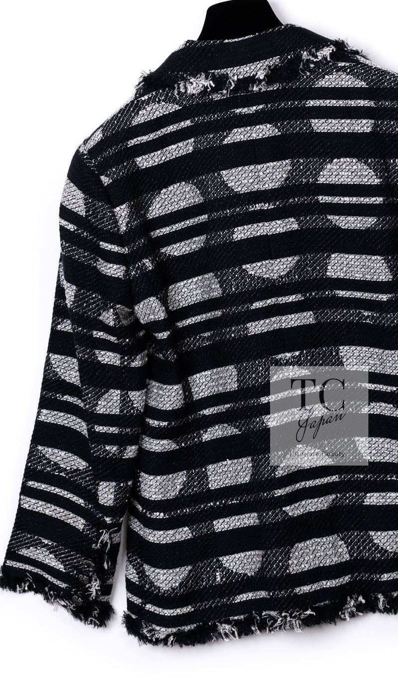 CHANEL 08S Black Gray Striped Cottn Tweed Jacket 42 シャネル ブラック グレー ボーダー コットン ツイード ジャケット 即発