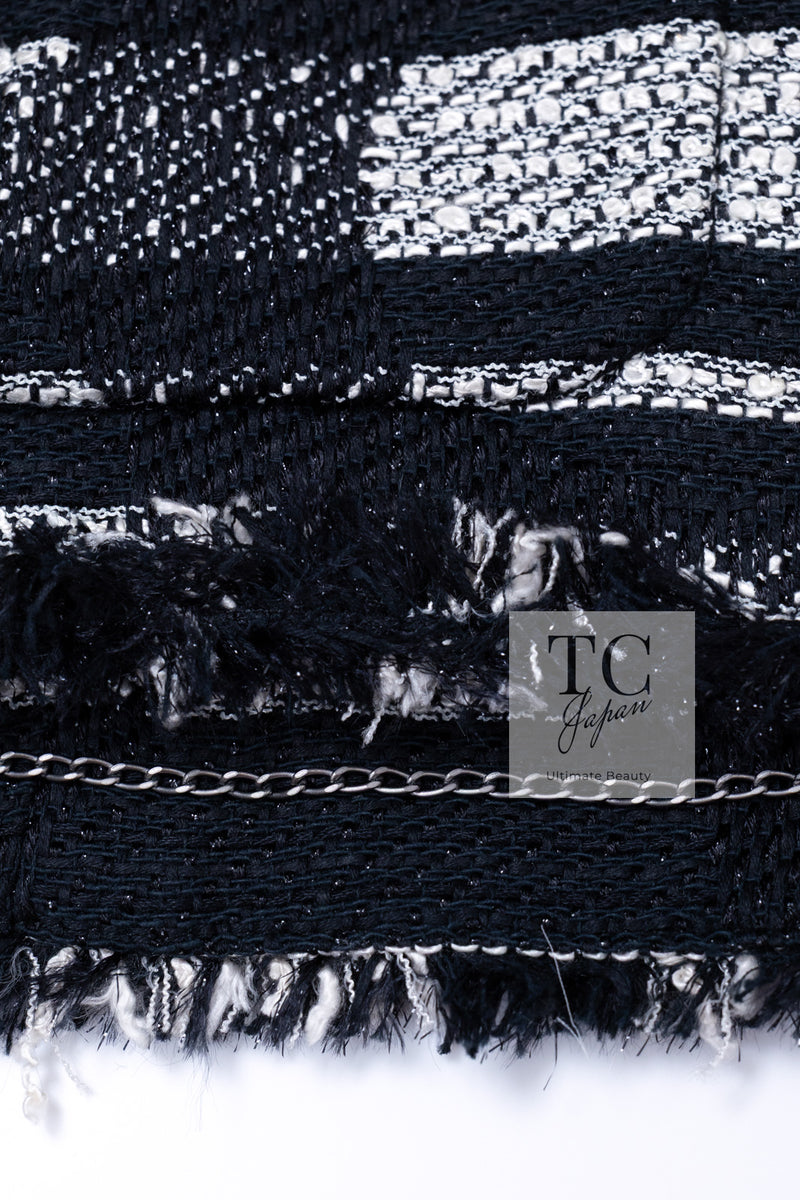 CHANEL 08S Black Gray Striped Cottn Tweed Jacket 42 シャネル ブラック グレー ボーダー コットン ツイード ジャケット 即発
