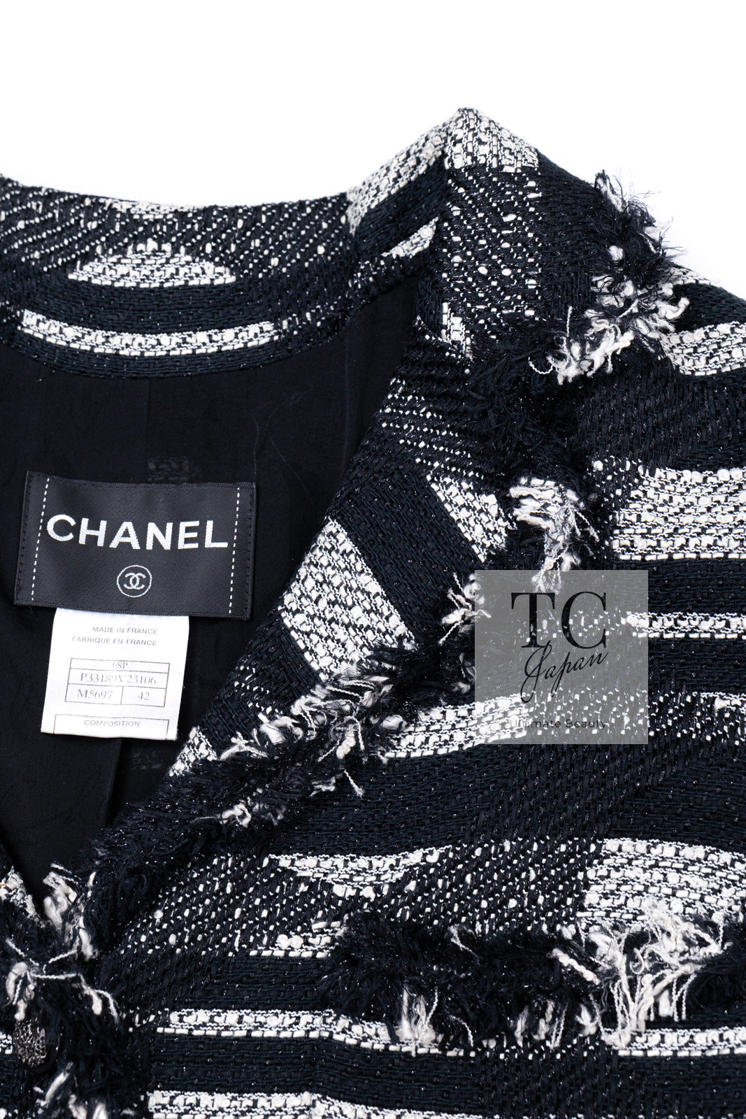 CHANEL 08S Black Gray Striped Cottn Tweed Jacket 42 シャネル ブラック グレー ボーダー コットン ツイード ジャケット 即発