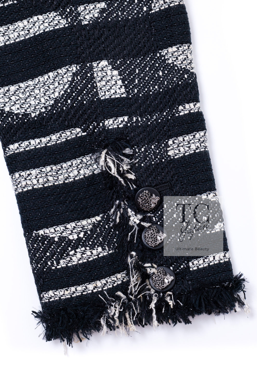 CHANEL 08S Black Gray Striped Cottn Tweed Jacket 42 シャネル ブラック グレー ボーダー コットン ツイード ジャケット 即発