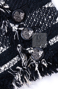 CHANEL 08S Black Gray Striped Cottn Tweed Jacket 42 シャネル ブラック グレー ボーダー コットン ツイード ジャケット 即発