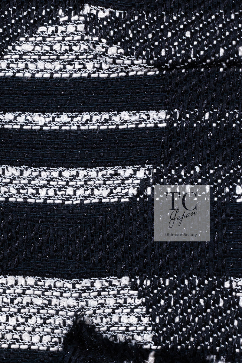 CHANEL 08S Black Gray Striped Cottn Tweed Jacket 42 シャネル ブラック グレー ボーダー コットン ツイード ジャケット 即発