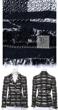 CHANEL 08S Black Gray Striped Cottn Tweed Jacket 42 シャネル ブラック グレー ボーダー コットン ツイード ジャケット 即発