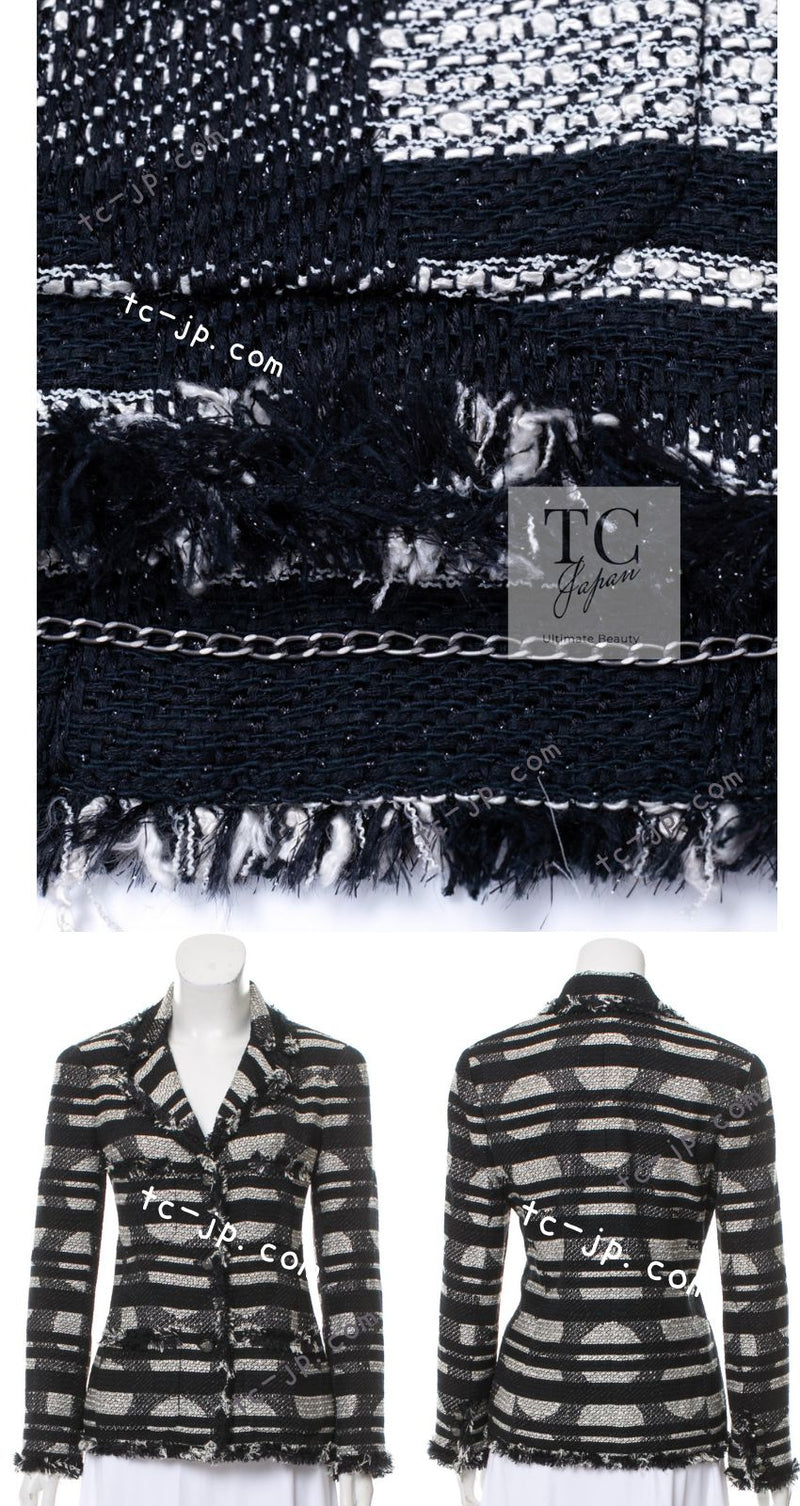 CHANEL 08S Black Gray Striped Cottn Tweed Jacket 42 シャネル ブラック グレー ボーダー コットン ツイード ジャケット 即発