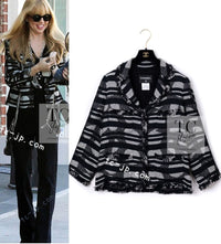 CHANEL 08S Black Gray Striped Cottn Tweed Jacket 42 シャネル ブラック グレー ボーダー コットン ツイード ジャケット 即発