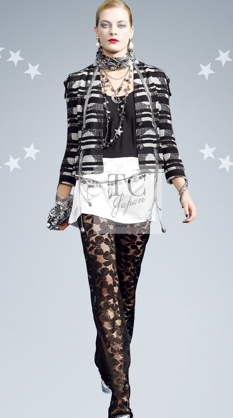 CHANEL 08S Black Gray Striped Cottn Tweed Jacket 42 シャネル ブラック グレー ボーダー コットン ツイード ジャケット 即発