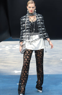 CHANEL 08S Black Gray Striped Cottn Tweed Jacket 42 シャネル ブラック グレー ボーダー コットン ツイード ジャケット 即発