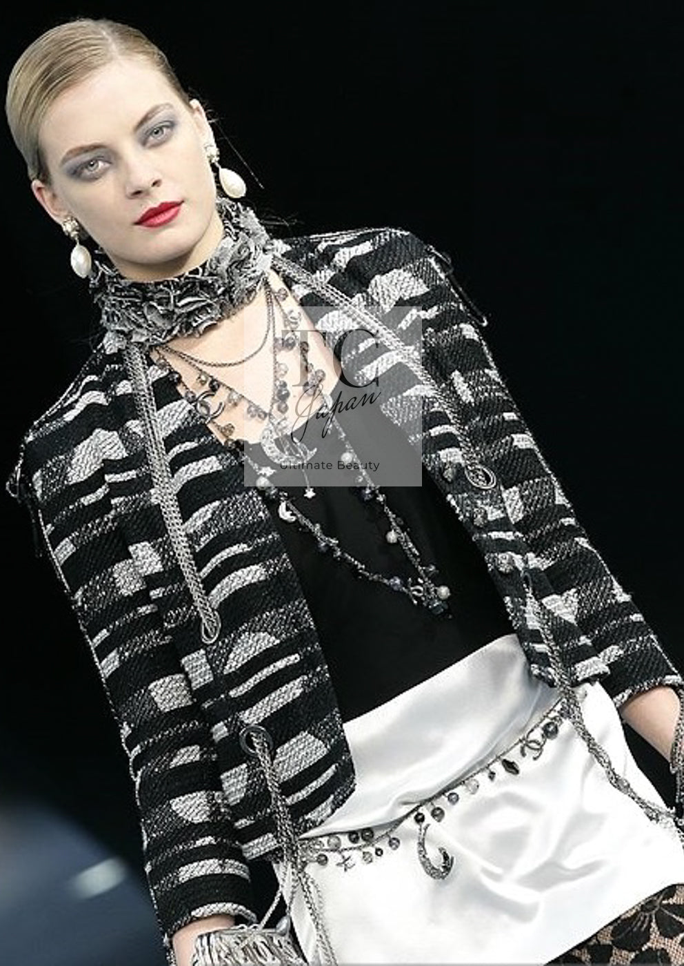 CHANEL 08S Black Gray Striped Cottn Tweed Jacket 42 シャネル ブラック グレー ボーダー コットン ツイード ジャケット 即発