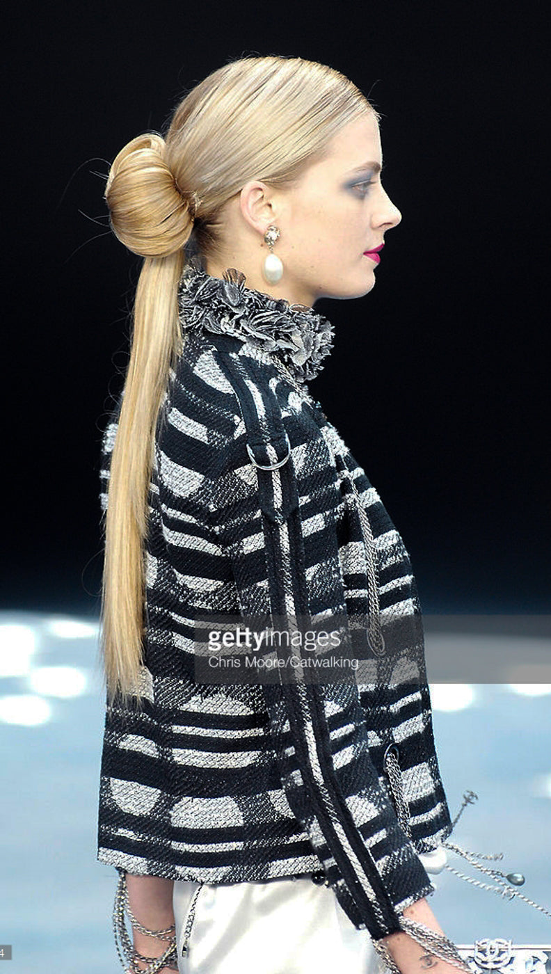 CHANEL 08S Black Gray Striped Cottn Tweed Jacket 42 シャネル ブラック グレー ボーダー コットン ツイード ジャケット 即発