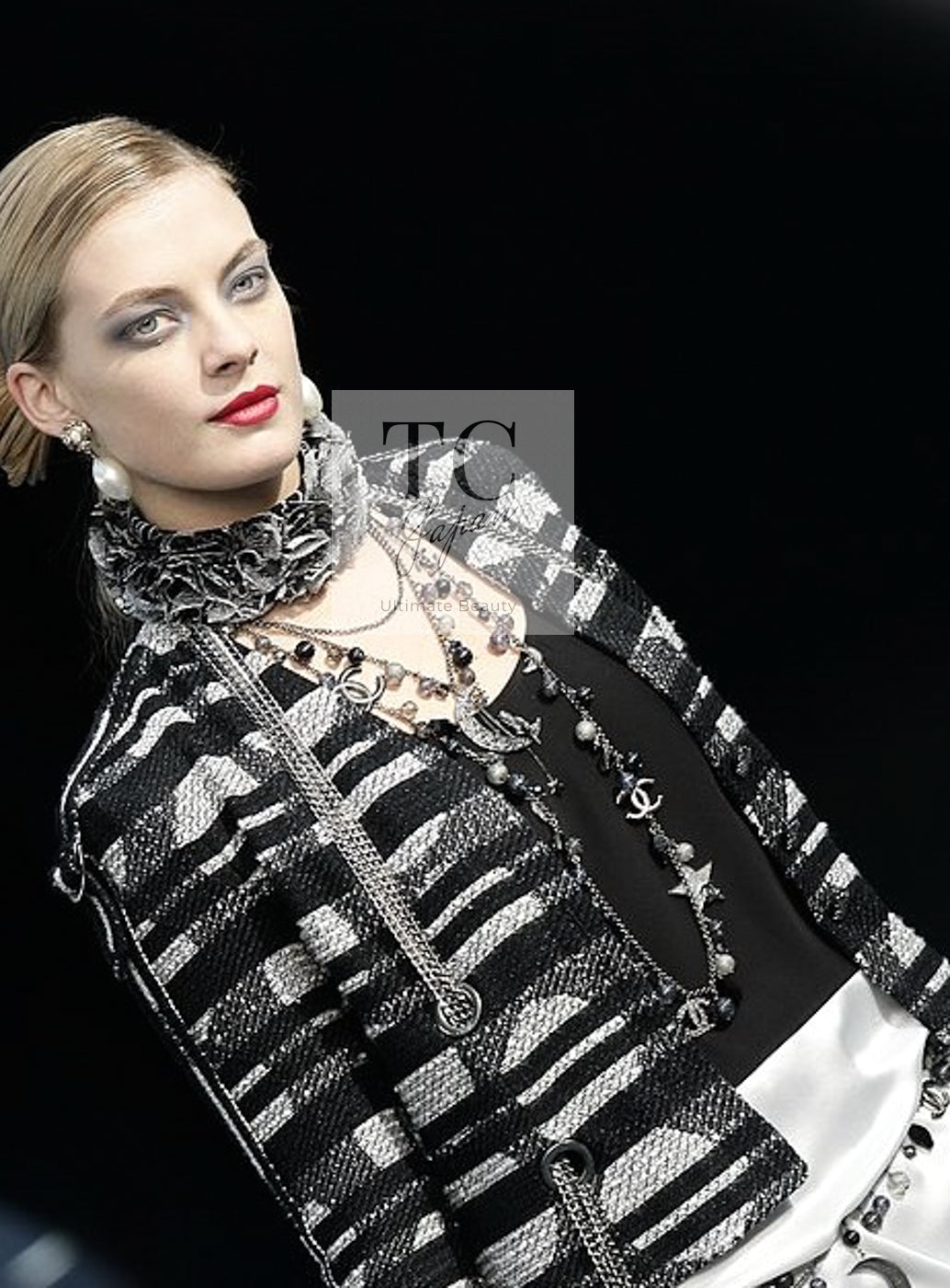 CHANEL 08S Black Gray Striped Cottn Tweed Jacket 42 シャネル ブラック グレー ボーダー コットン ツイード ジャケット 即発