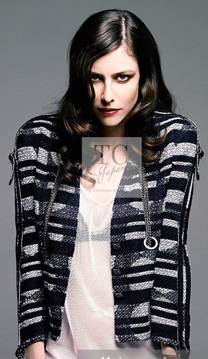 CHANEL 08S Black Gray Striped Cottn Tweed Jacket 42 シャネル ブラック グレー ボーダー コットン ツイード ジャケット 即発