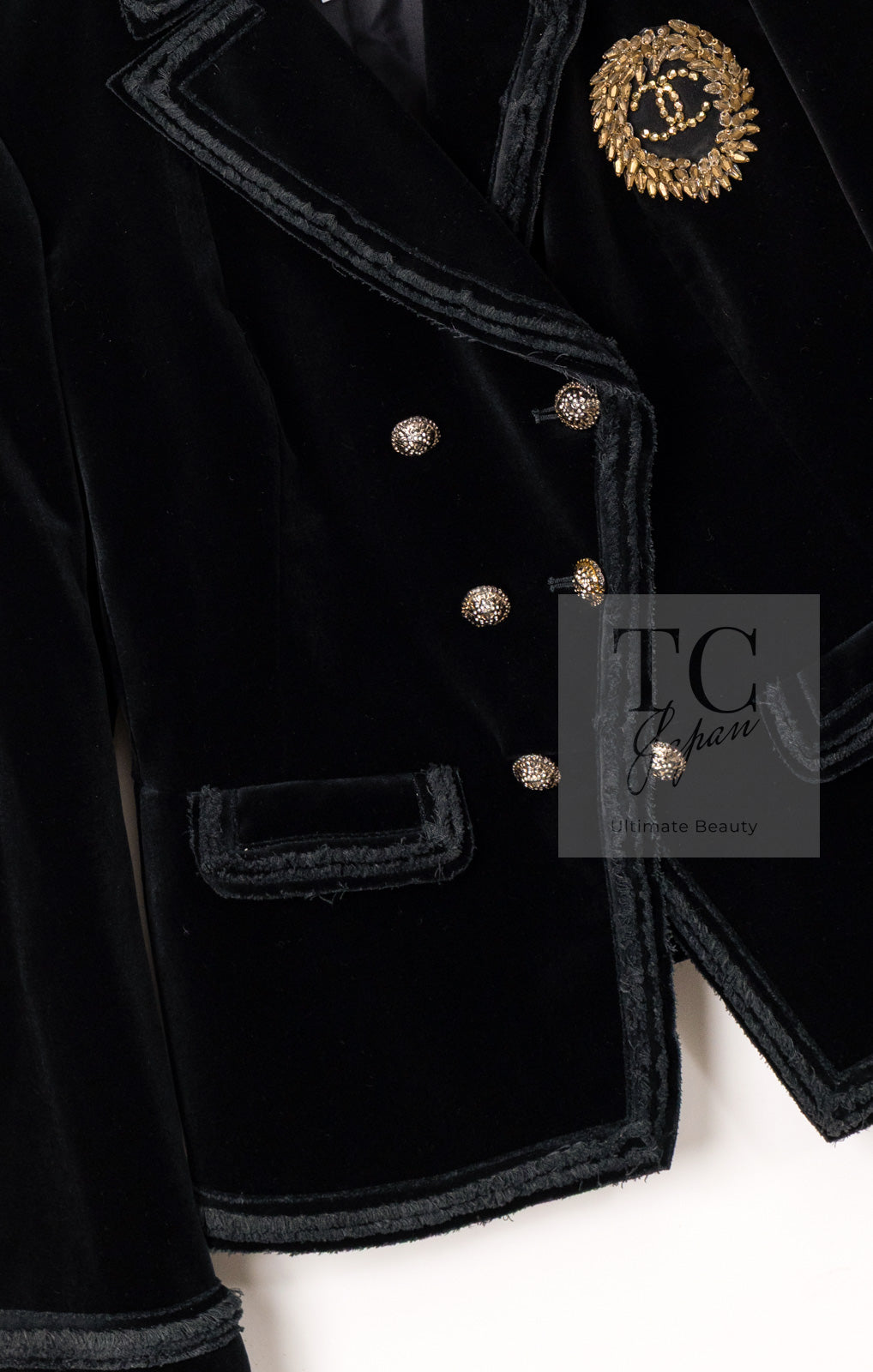CHANEL 10S Black Gold CC Logo Velvet Cotton Jacket 40 42 シャネル ブラック ゴールド ココマーク ベロア コットン ジャケット 即発