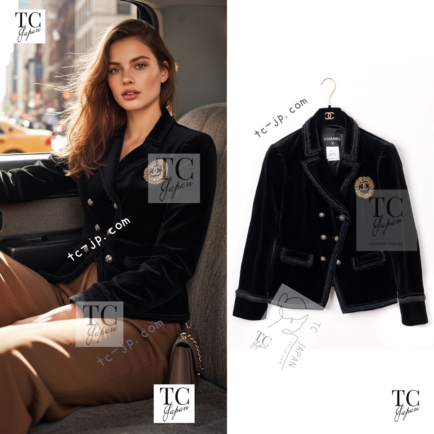 CHANEL 10S Black Gold CC Logo Velvet Cotton Jacket 40 42 シャネル ブラック ゴールド ココマーク ベロア コットン ジャケット 即発