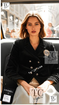 CHANEL 10S Black Gold CC Logo Velvet Cotton Jacket 40 42 シャネル ブラック ゴールド ココマーク ベロア コットン ジャケット 即発
