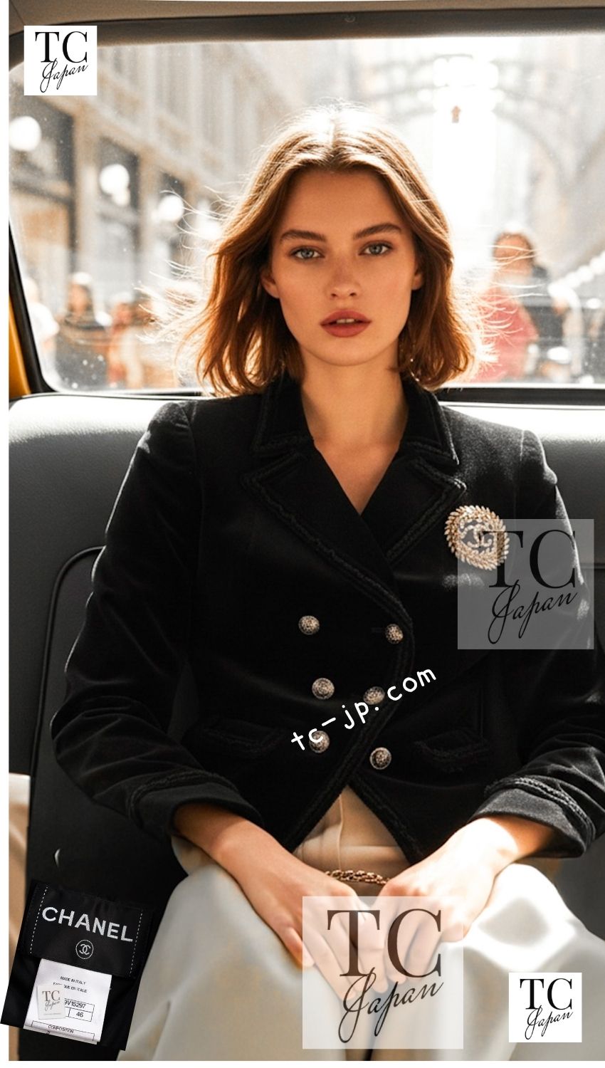 CHANEL 10S Black Gold CC Logo Velvet Cotton Jacket 40 42 シャネル ブラック ゴールド ココマーク ベロア コットン ジャケット 即発