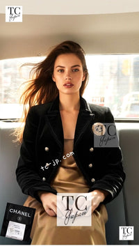 CHANEL 10S Black Gold CC Logo Velvet Cotton Jacket 40 42 シャネル ブラック ゴールド ココマーク ベロア コットン ジャケット 即発