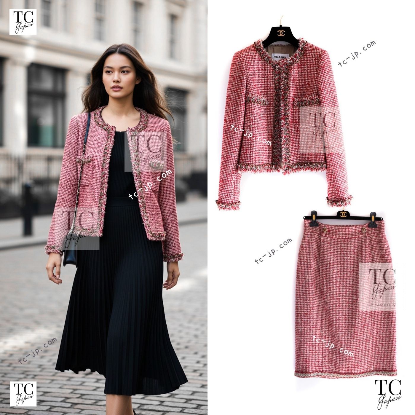 CHANEL 10C Red Metallic Gold Trim Tweed Jacket Skirt Suit 40 42 シャネル レッド メタリック ゴールド トリム フリンジ ツイード ジャケット スカート スーツ 即発