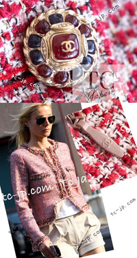 CHANEL 10C Red Metallic Gold Trim Tweed Jacket Skirt Suit 40 42 シャネル レッド メタリック ゴールド トリム フリンジ ツイード ジャケット スカート スーツ 即発