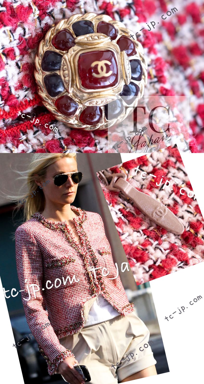 CHANEL 10C Red Metallic Gold Trim Tweed Jacket Skirt Suit 40 42 シャネル レッド メタリック ゴールド トリム フリンジ ツイード ジャケット スカート スーツ 即発