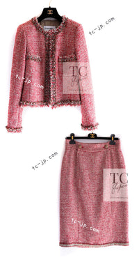 CHANEL 10C Red Metallic Gold Trim Tweed Jacket Skirt Suit 40 42 シャネル レッド メタリック ゴールド トリム フリンジ ツイード ジャケット スカート スーツ 即発
