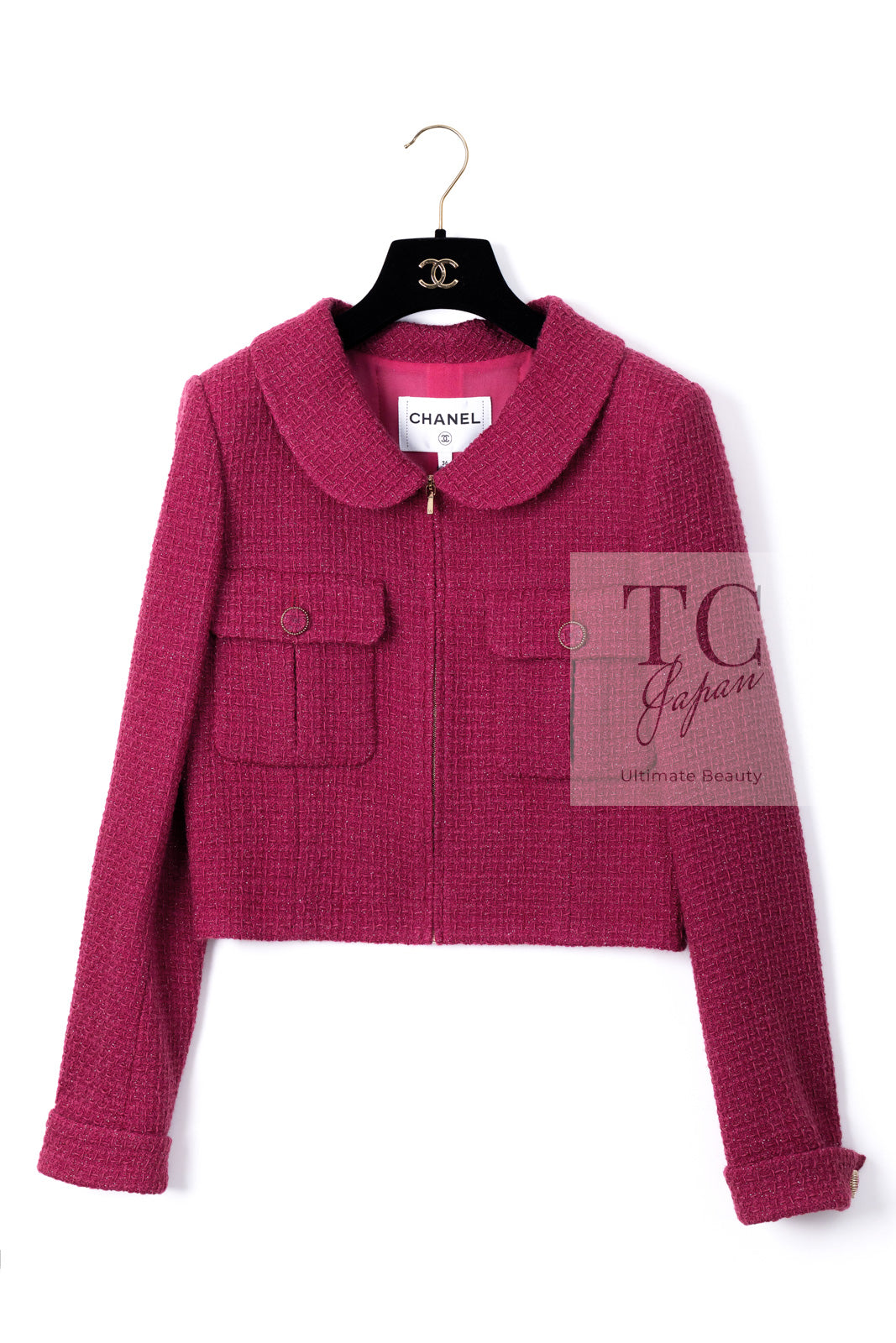 CHANEL 16A Magenta Pink Metallic Zipper Tweed Jacket 36 シャネル マジェンダ ラズベリー ピンク メタリック ジッパー ツイード ジャケット 即発