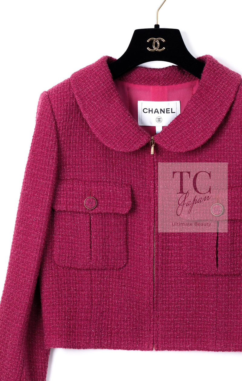 CHANEL 16A Magenta Pink Metallic Zipper Tweed Jacket 36 シャネル マジェンダ ラズベリー ピンク メタリック ジッパー ツイード ジャケット 即発