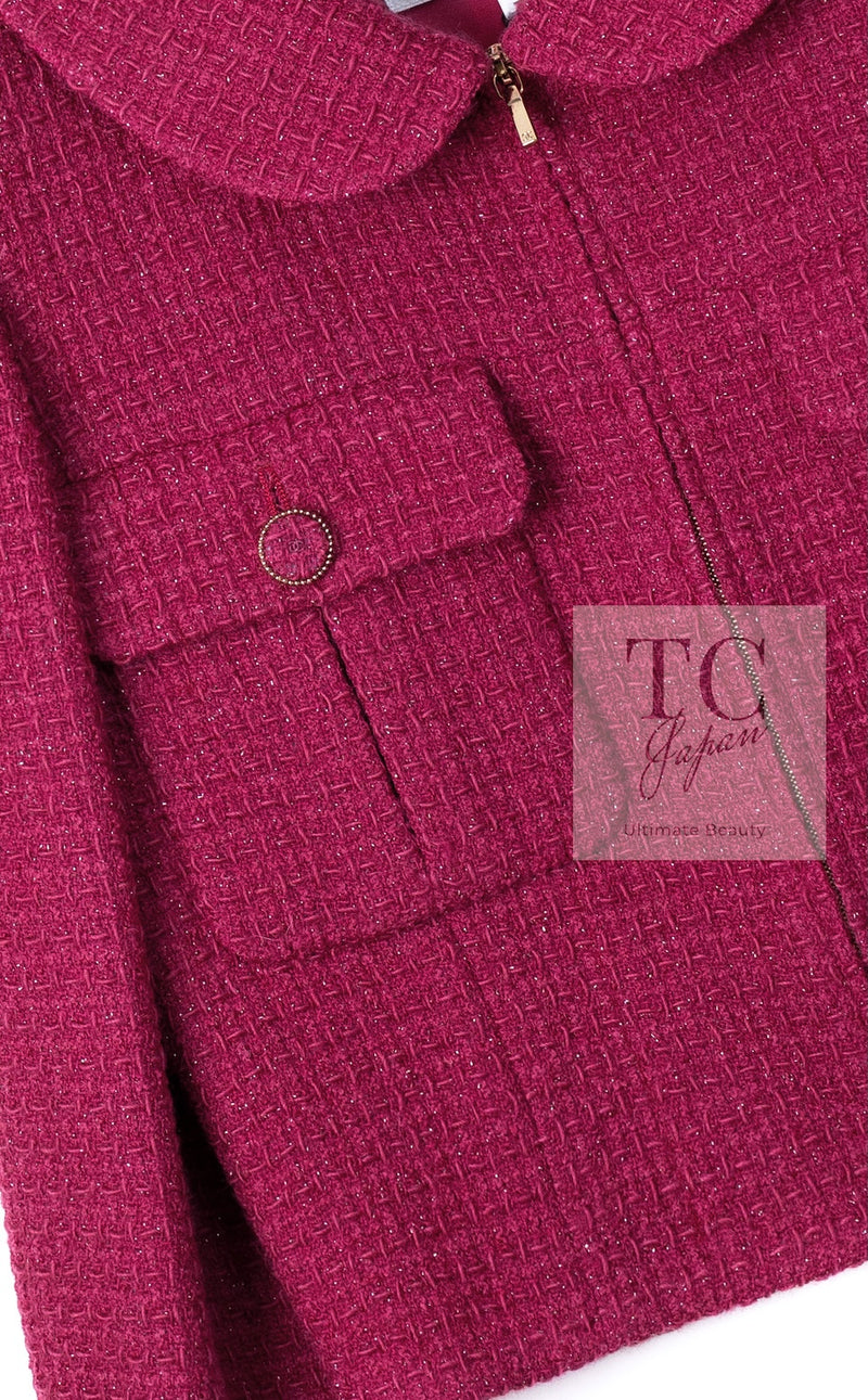 CHANEL 16A Magenta Pink Metallic Zipper Tweed Jacket 36 シャネル マジェンダ ラズベリー ピンク メタリック ジッパー ツイード ジャケット 即発