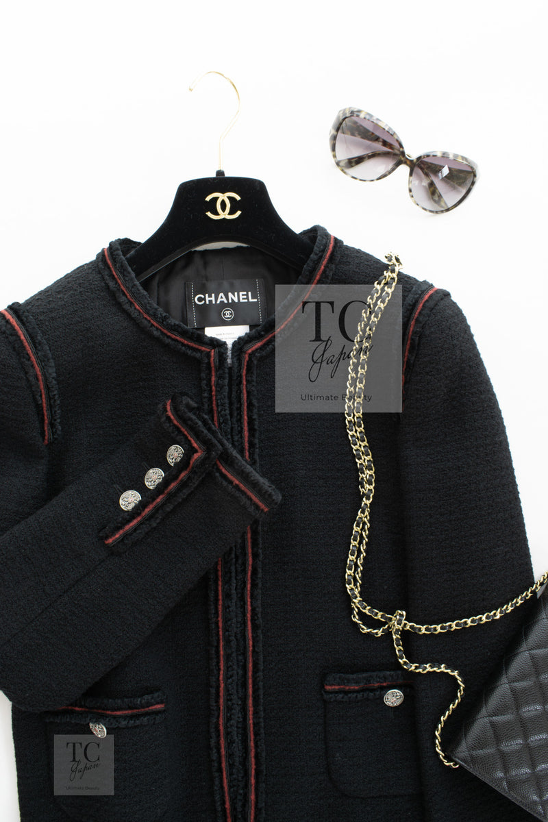 CHANEL 09PF Black Red Trim Moscow Wool Tweed Jacket 34 40 42 シャネル ブラック レッド トリム ロマノフ ウール ツイード ジャケット 即発