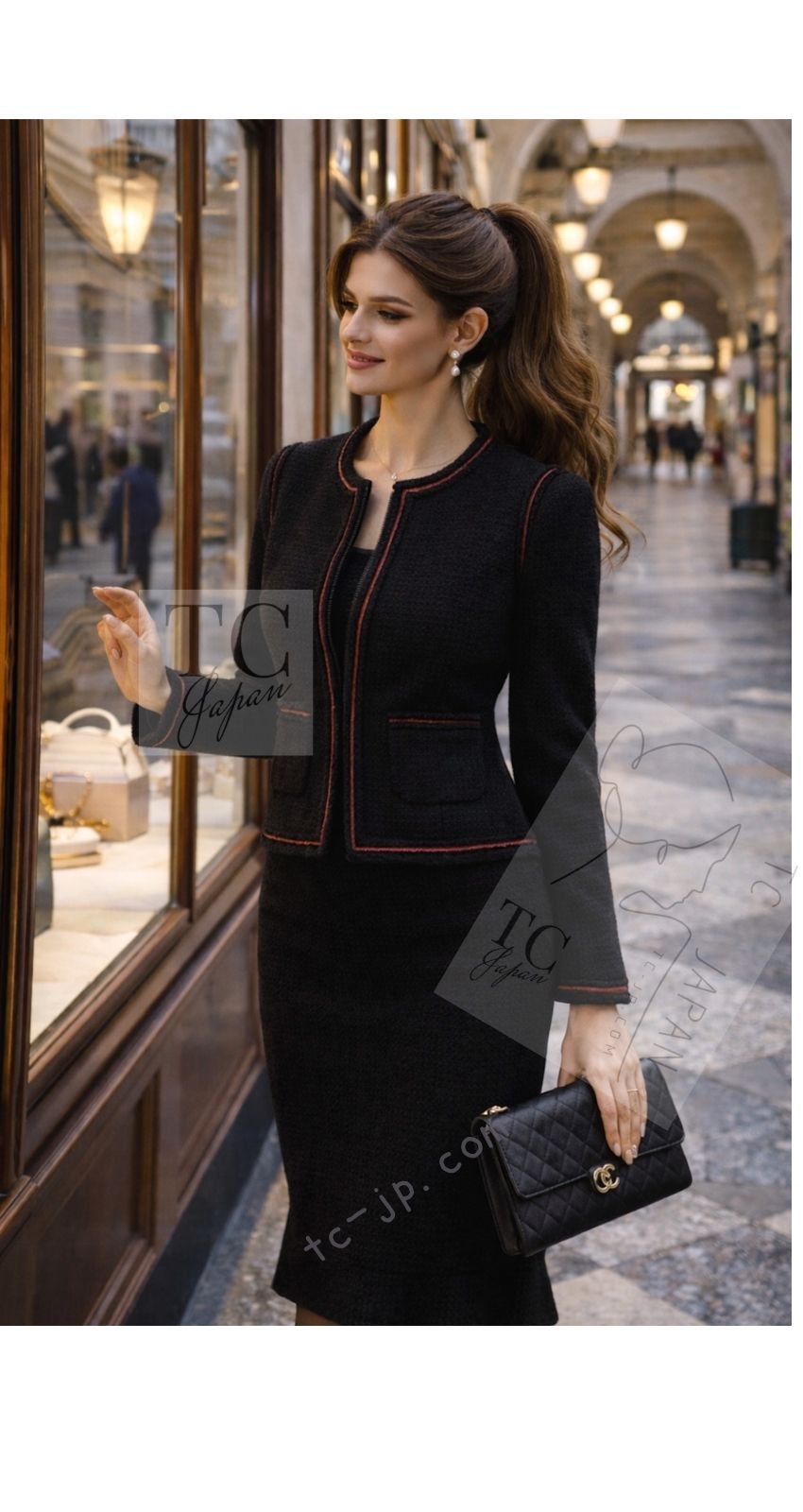 シャネル ジャケット CHANEL ブラック レッド トリム ウール ジッパー ツイード ロマノフ スタンド襟 42
