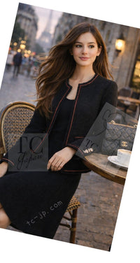 CHANEL 09PF Black Red Trim Moscow Wool Tweed Jacket Skirt Suit 38 シャネル ブラック レッド トリム ロマノフ ウール ツイード ジャケット スカート スーツ 即発