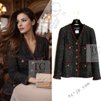 CHANEL 11A Black Red Metallic Fantasy Wool Tweed Jacket 36 38 シャネル ブラック レッド メタリック ファンタジー ウール ツイード ジャケット 即発