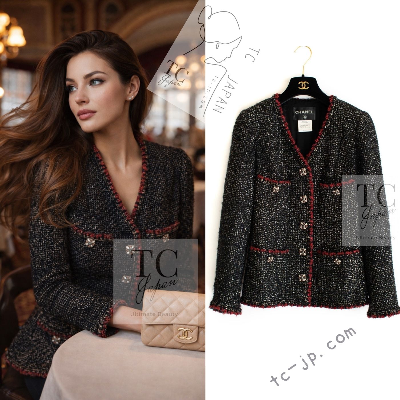 CHANEL 11A Black Red Metallic Fantasy Wool Tweed Jacket 36 38 シャネル ブラック レッド メタリック ファンタジー ウール ツイード ジャケット 即発