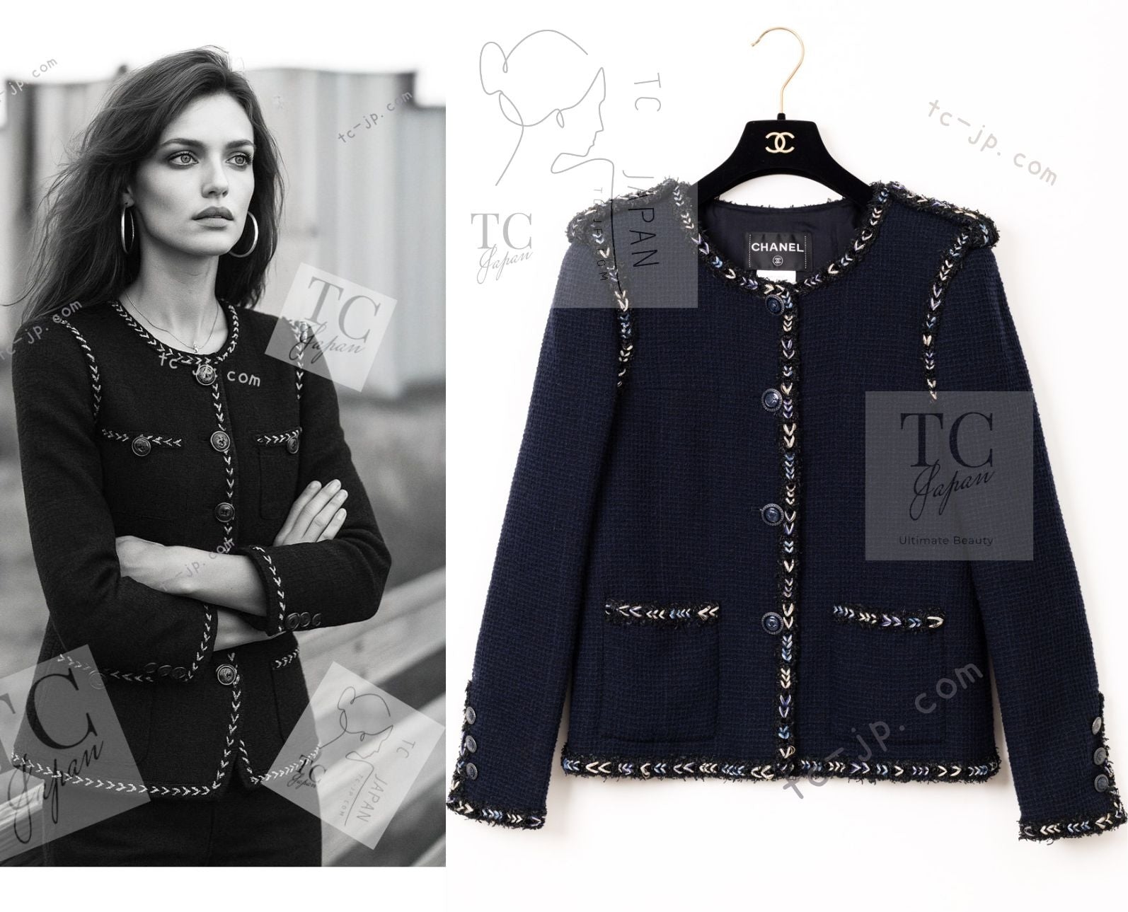 シャネル ジャケット CHANEL ネイビー 肩章 ココマーク ボタン ウール