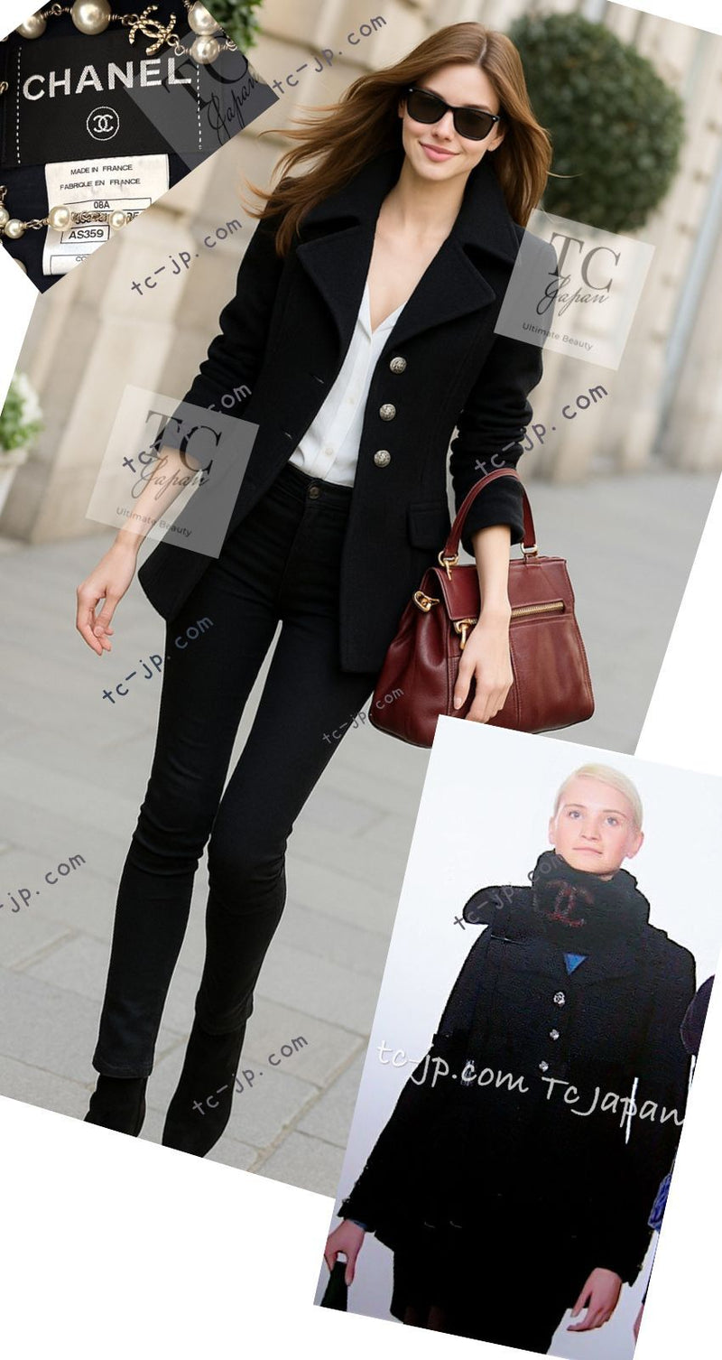 CHANEL 08A Dark Navy Wool Big Lion Button Jacket Coat 36 シャネル ダーク ネイビー ウール 大きい ライオン ボタン ジャケット コート 即発
