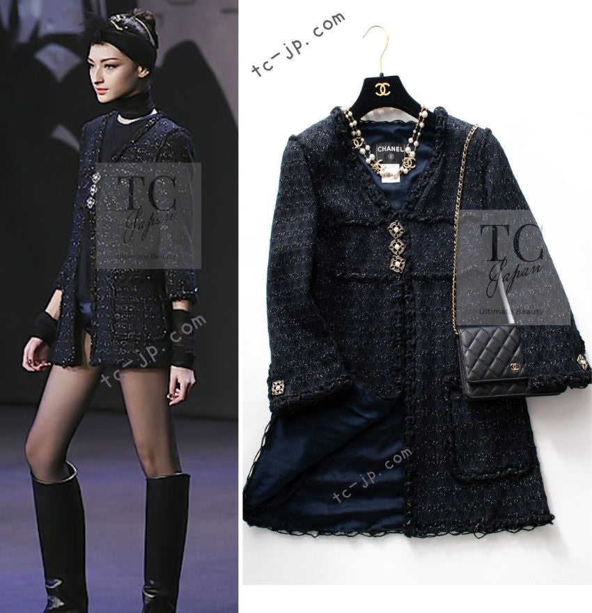 シャネル ジャケット CHANEL ブラック ネイビー メタリック ツイード