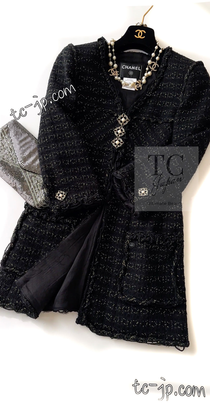 CHANEL 07PF Black Metallic Long Tweed Coat Jacket 38 40 シャネル ブラック メタリック ロング ツイード コート ジャケット 即発