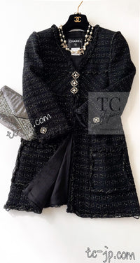 CHANEL 07PF Black Metallic Long Tweed Coat Jacket 38 40 シャネル ブラック メタリック ロング ツイード コート ジャケット 即発