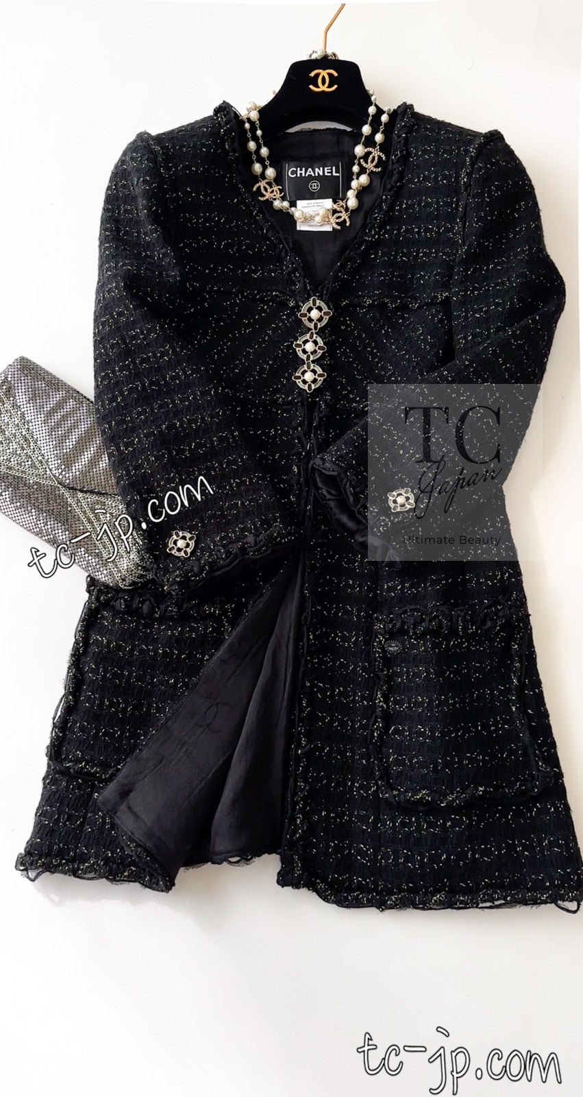 CHANEL 07PF Black Metallic Long Tweed Coat Jacket 38 40 シャネル ブラック メタリック ロング ツイード コート ジャケット 即発