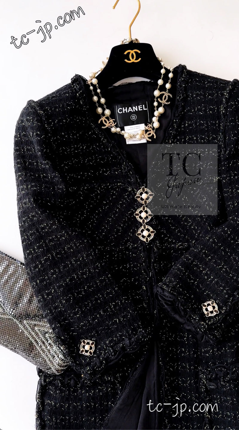 CHANEL 07PF Black Metallic Long Tweed Coat Jacket 38 40 シャネル ブラック メタリック ロング ツイード コート ジャケット 即発