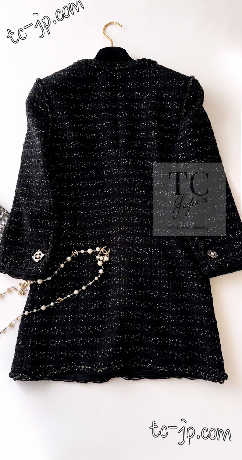 CHANEL 07PF Black Metallic Long Tweed Coat Jacket 38 40 シャネル ブラック メタリック ロング ツイード コート ジャケット 即発