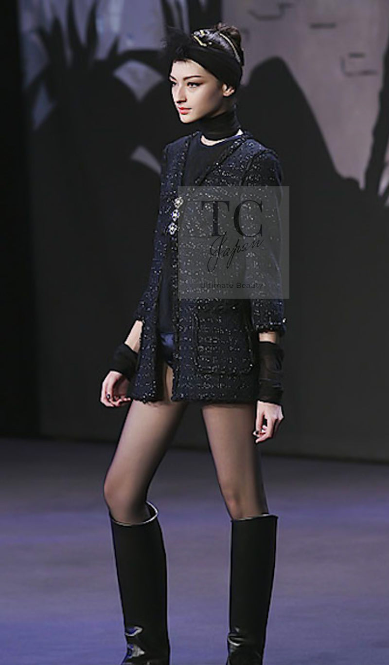 CHANEL 07PF Black Metallic Long Tweed Coat Jacket 38 40 シャネル ブラック メタリック ロング ツイード コート ジャケット 即発