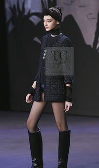 CHANEL 07PF Black Blue Metallic Wool Cashmere Tweed Jacket Coat 38 シャネル ブラック ブルー メタリック ウール カシミヤ ツイード ジャケット コート 即発 - TC JAPAN