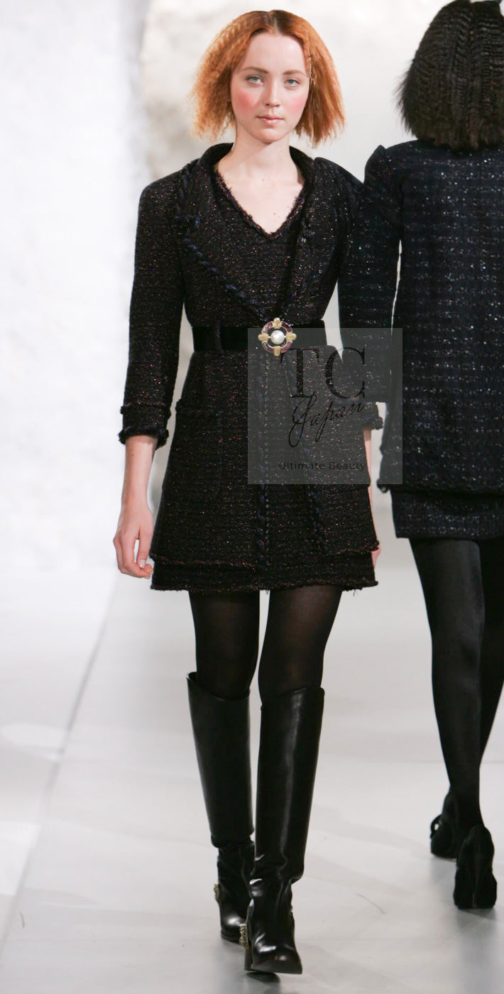 CHANEL 07PF Black Blue Metallic Wool Cashmere Tweed Jacket Coat 38 シャネル ブラック ブルー メタリック ウール カシミヤ ツイード ジャケット コート 即発