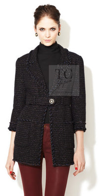 CHANEL 07PF Black Blue Metallic Wool Cashmere Tweed Jacket Coat 38 シャネル ブラック ブルー メタリック ウール カシミヤ ツイード ジャケット コート 即発