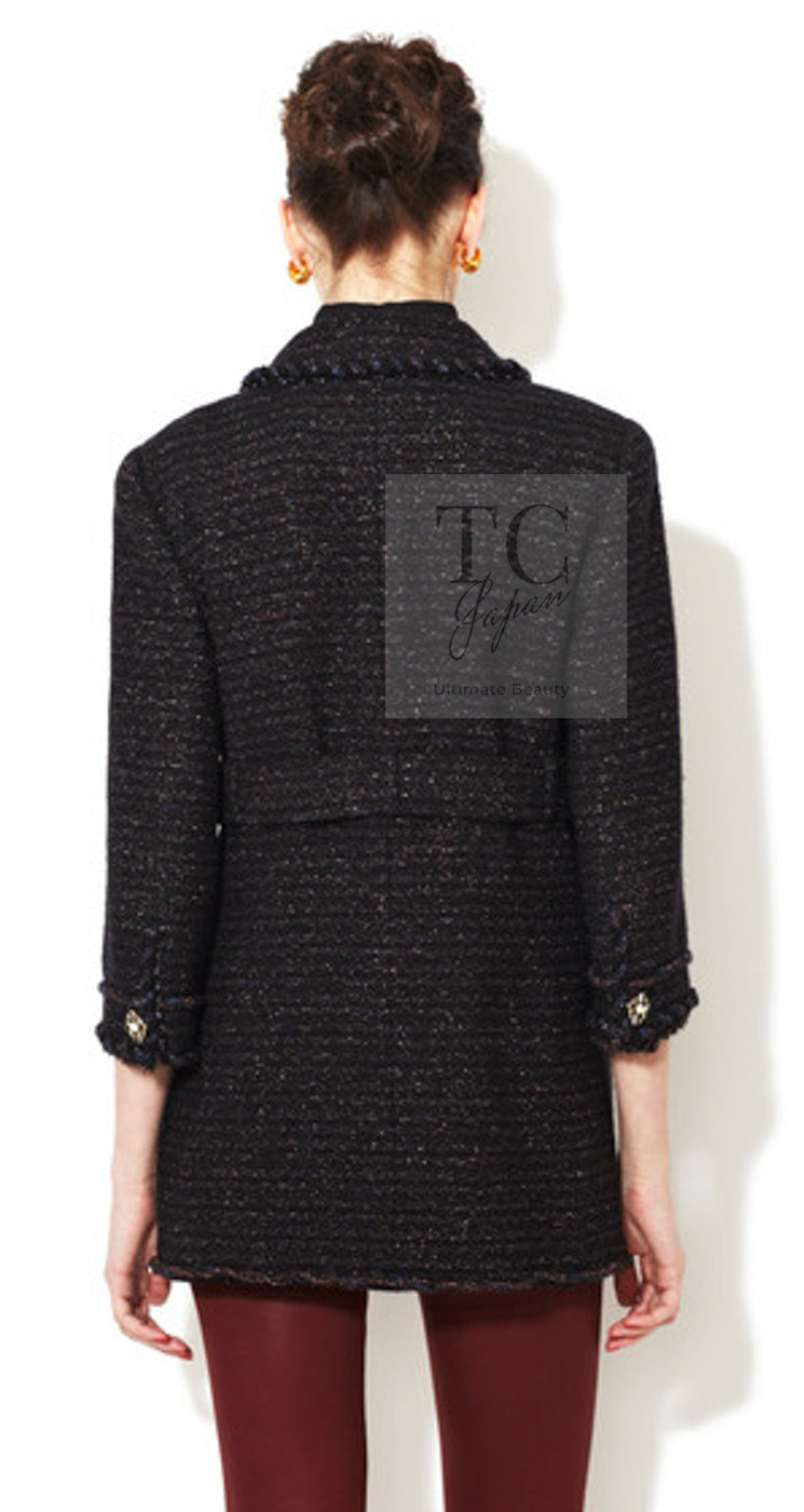 CHANEL 07PF Black Blue Metallic Wool Cashmere Tweed Jacket Coat 38 シャネル ブラック ブルー メタリック ウール カシミヤ ツイード ジャケット コート 即発