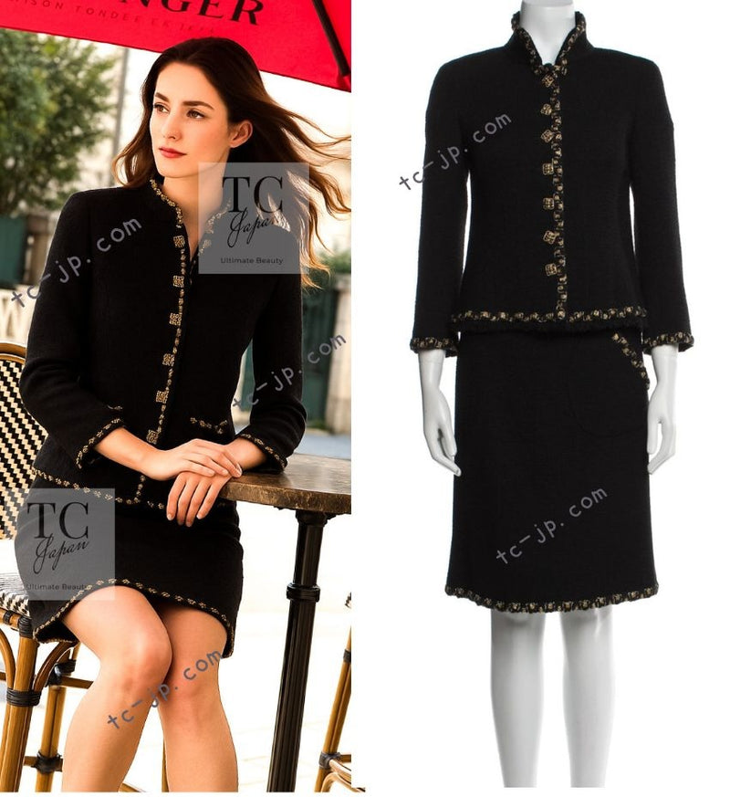 CHANEL 11PF Black Gold Gripoix Buttons Wool Jacket Skirt Suit Cameron Diaz 38 シャネル ブラック ゴールド グリポア宝石ボタン ウール ジャケット スカート スーツ キャメロン ディアス 即発