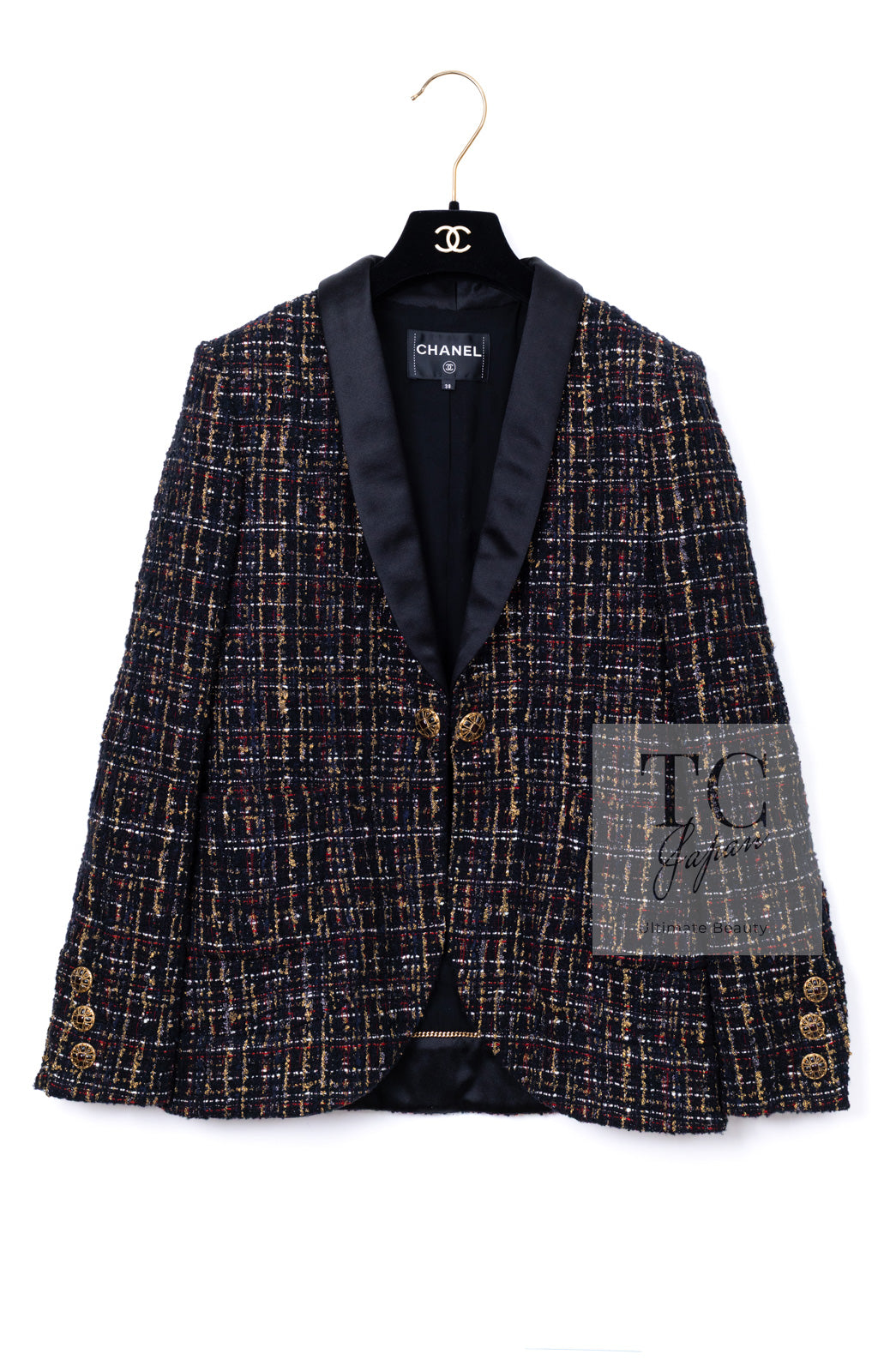 CHANEL 19PF Black Gold Wool Mohair Silk Tweed Jacket 38 シャネル ブラック ゴールド ウール モヘア シルク ツイード ジャケット 即発