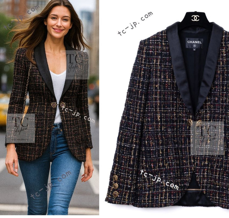 CHANEL 19PF Black Gold Wool Mohair Silk Tweed Jacket 38 シャネル ブラック ゴールド ウール モヘア シルク ツイード ジャケット 即発